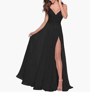 NWT Formal Black Dress with V-Neck Lace and High Slit | Size 10 | Uryouthstyle